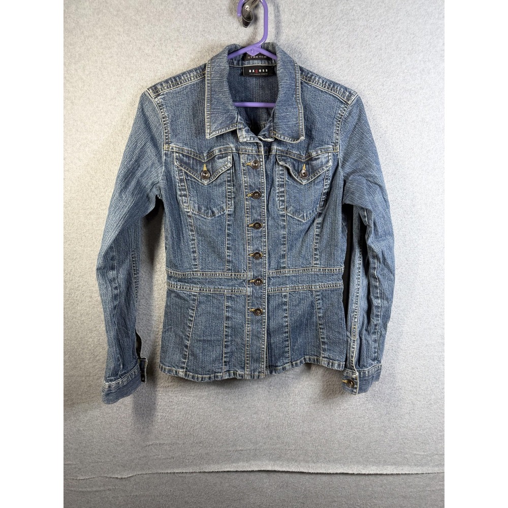 Axcess Denim Jacket Womens Medium Blue Stretch Button Front Fitted Jean Coat